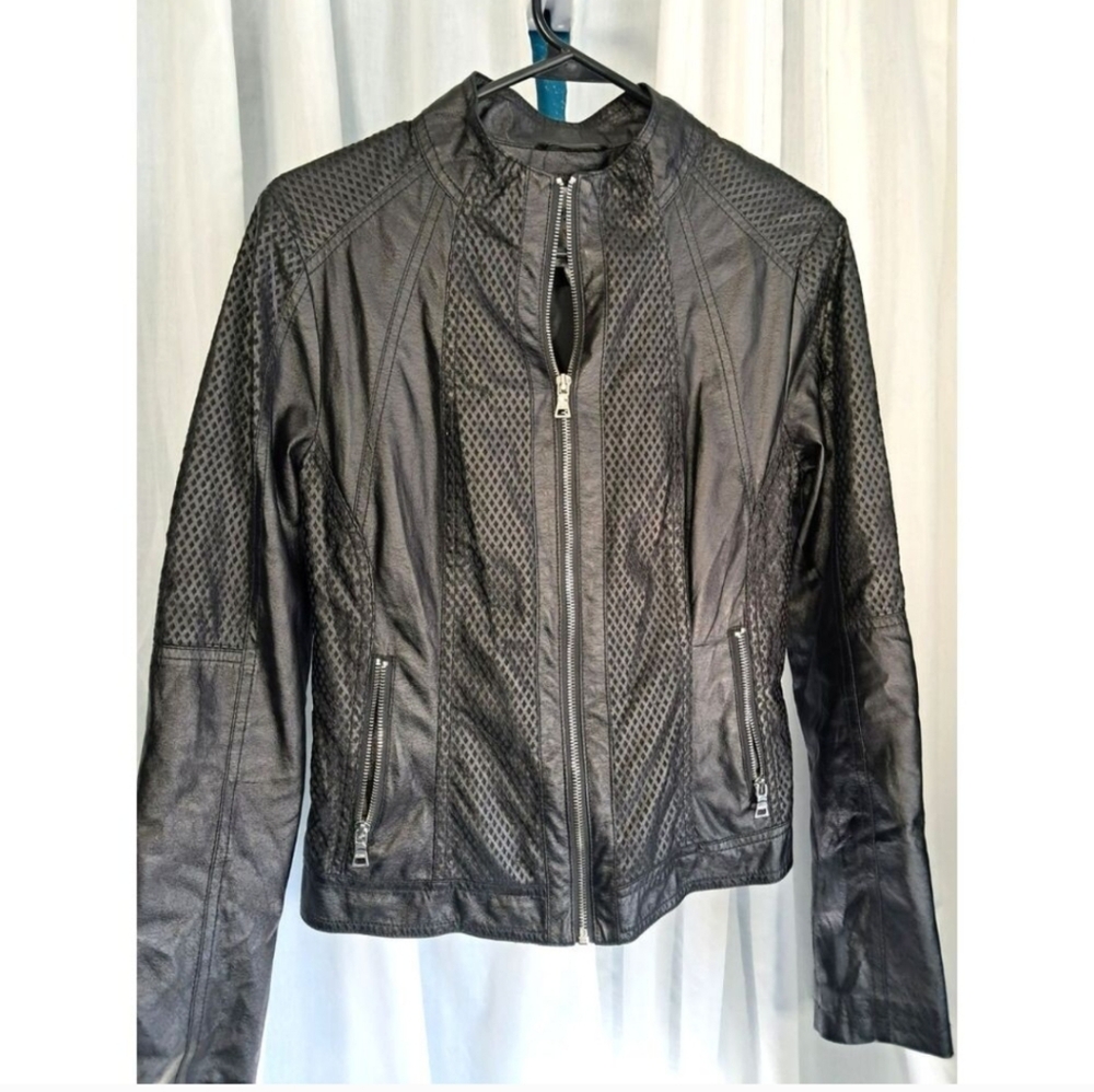 Vintage Guess Faux Leather Moto Biker Jacket Size Medium Laser Cut Lattice.